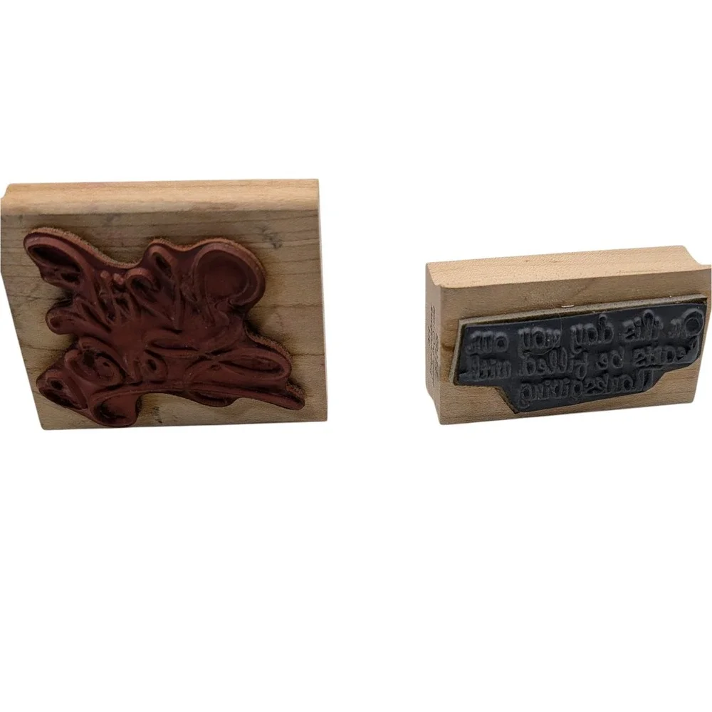 Vintage Wood Mounted Rubber Stamp Set Holidays Sayings Craft Seven Piece Set SEE